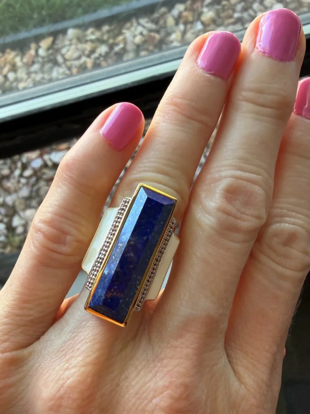 NIB WOW Art Deco Lapis & White Topaz Enamel in 18kt Gold Over Sterling - 5 -5.25